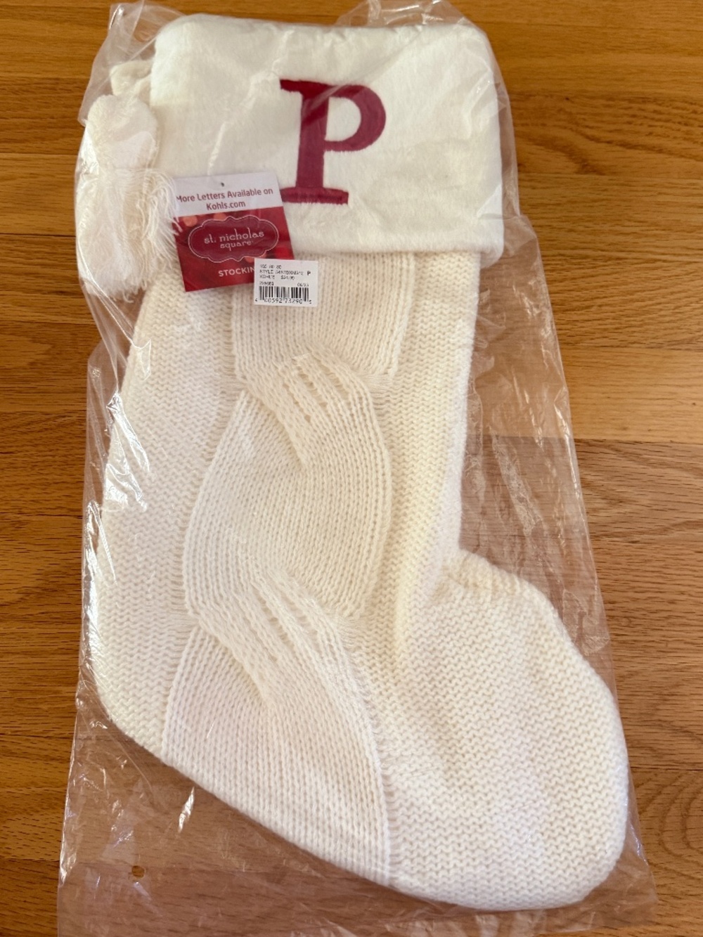 NWT St. Nicholas Square White Cable Knit Stocking with Letter "P"
